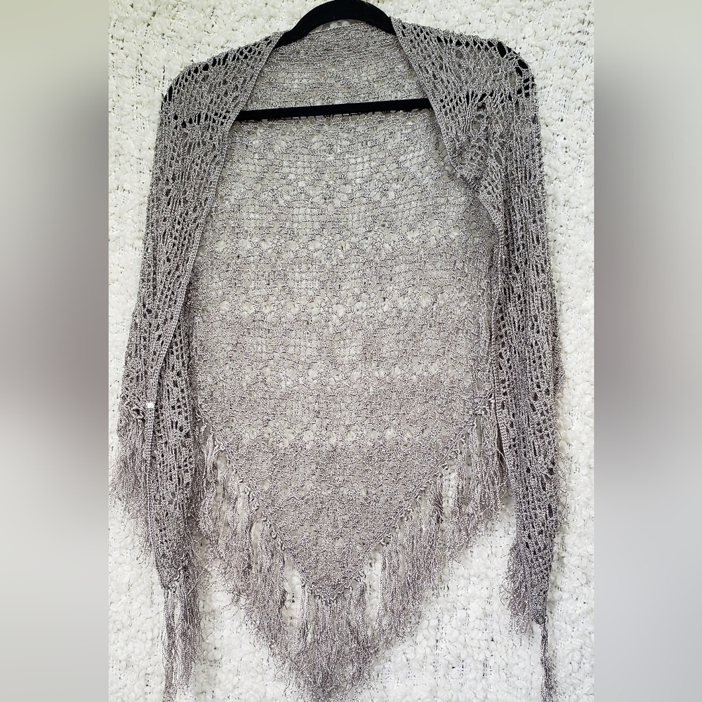 Beautiful handmade crochet knit silver gray  shawl with fringe cottagecore